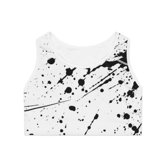 Black Ink Splatter Sports Bra — All-Over Print Athletic Crop Top